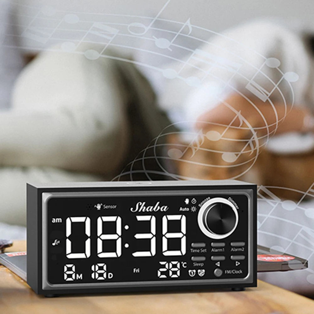 Radio Réveil Bois avec Double Alarme, Thermomètre et Variateur LED