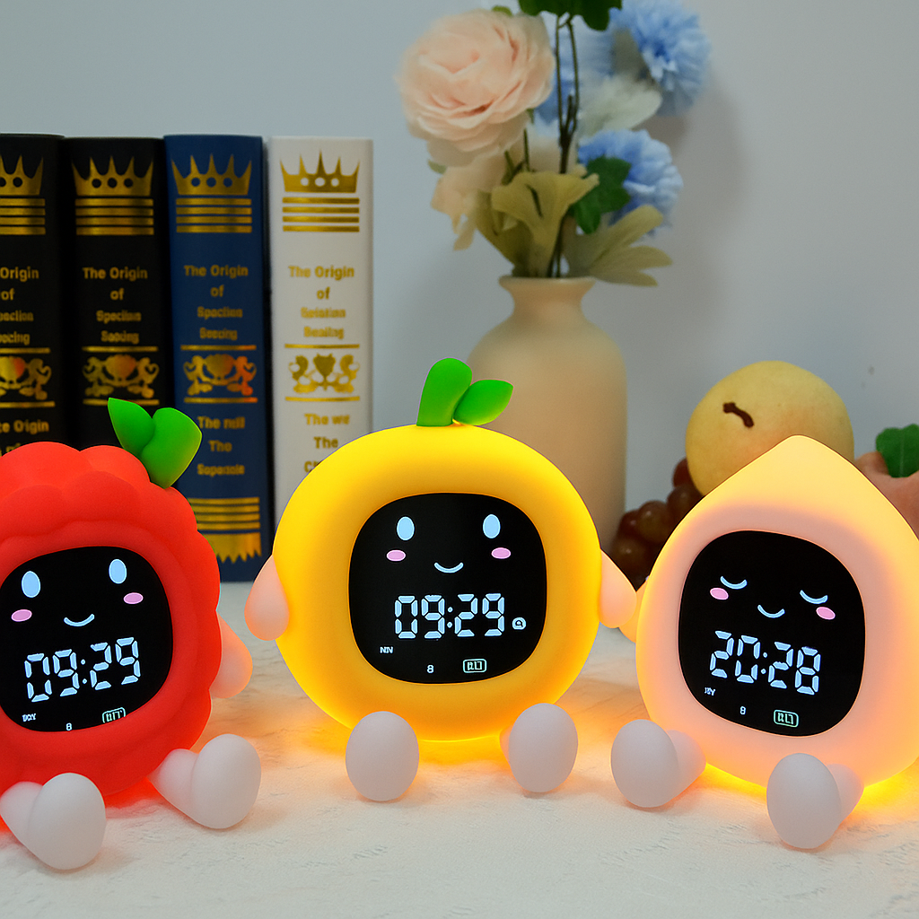 Réveil Éducatif Enfant Fruits – Veilleuse LED Colorée et Alarme Douce