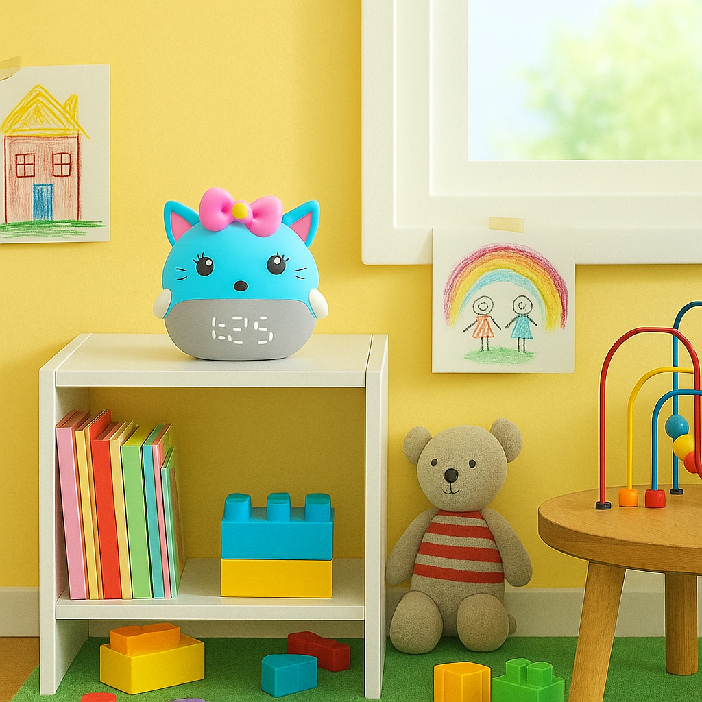 Réveil Enfant 7 ans – Chaton LED Bleu avec Affichage Digital et Thermomètre