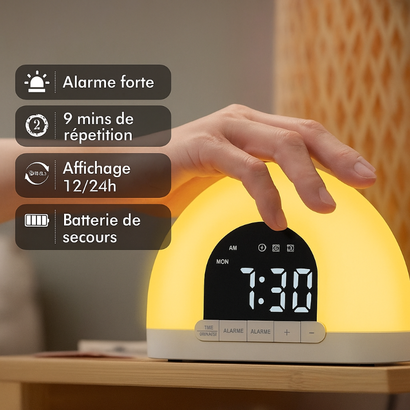 Réveil Simulateur d’Aube Digital avec alarme forte, répétition 9 minutes et affichage LED 12/24h.