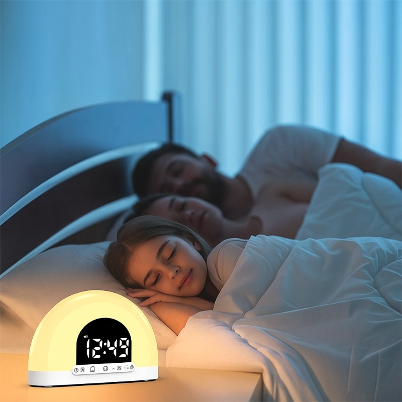 Réveil Simulateur d’Aube Digital Double Face sur table de chevet, éclaire doucement une famille endormie.