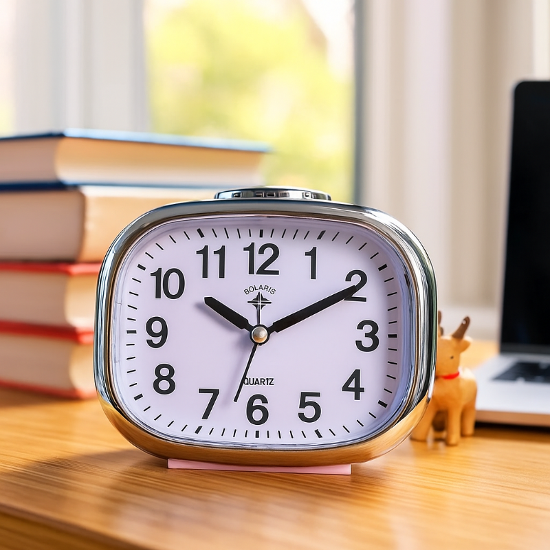 Réveil Vintage Mécanique Silencieux sur une table devant un ordinateur et des livres