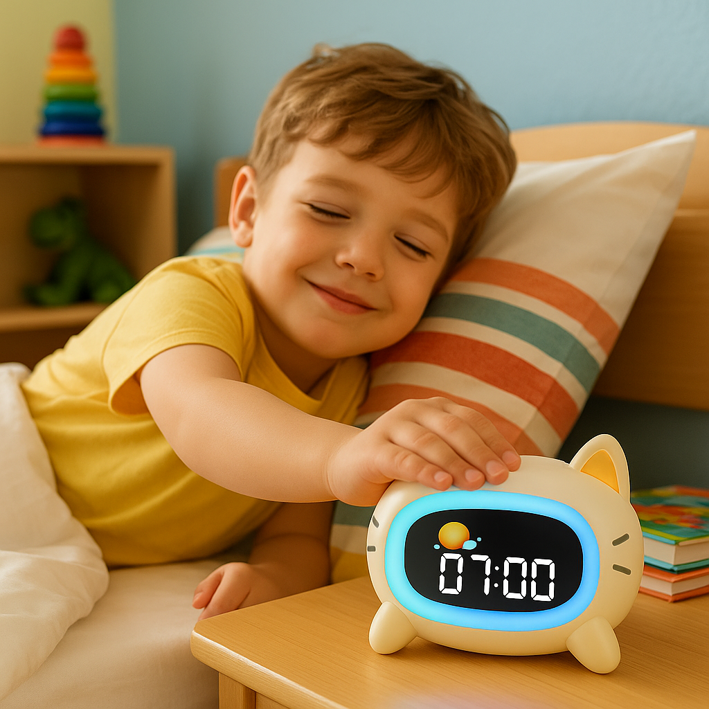 Réveil Éducatif Enfant Chat avec Lumière LED Multicolore et Double Alarme