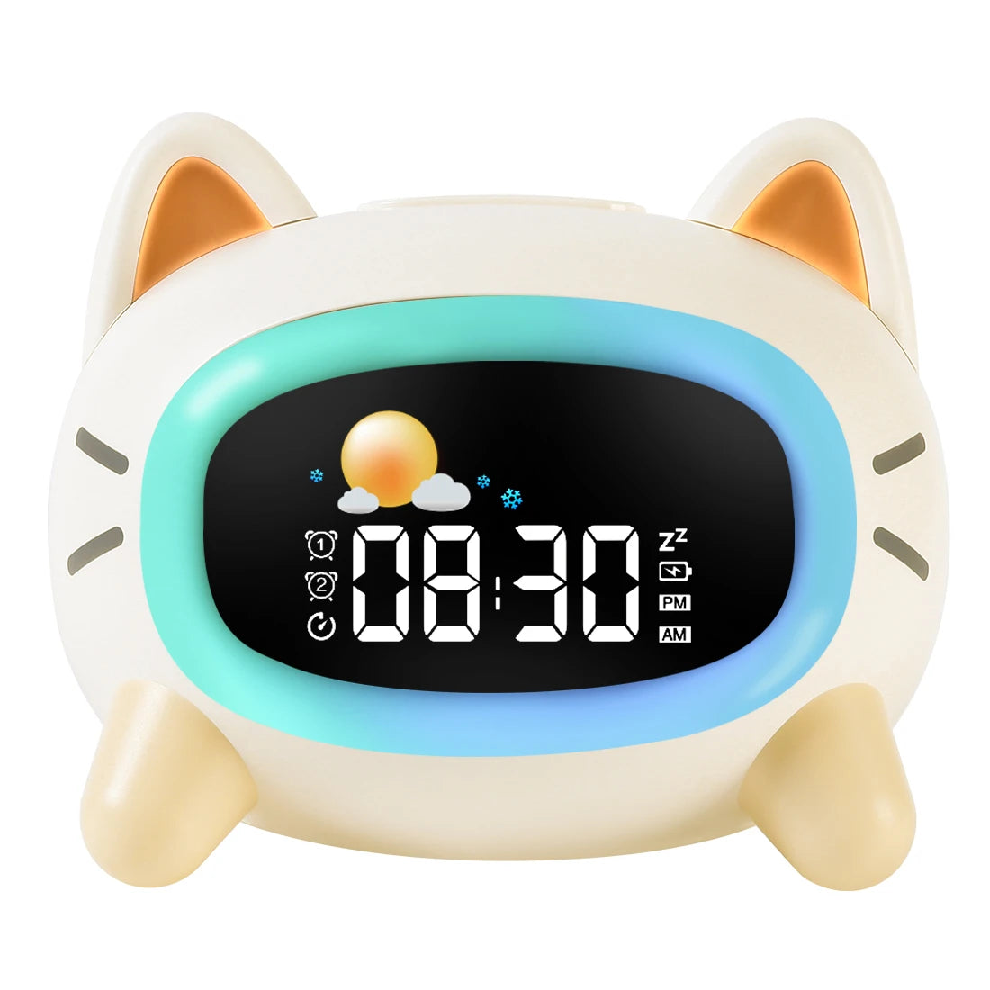 Réveil Éducatif Enfant Chat avec Lumière LED Multicolore et Double Alarme