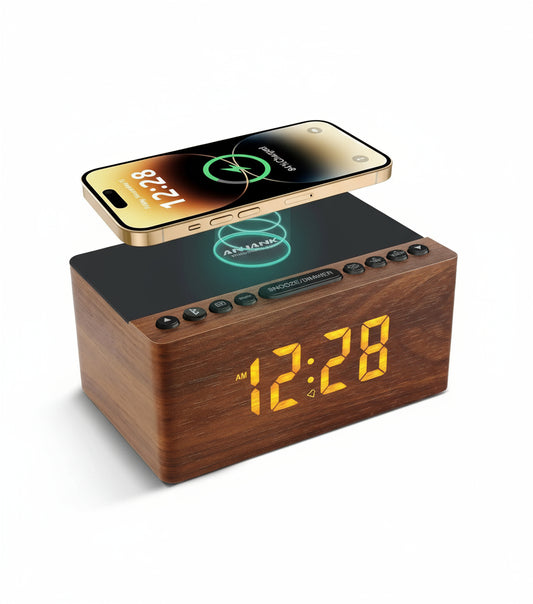 Radio Réveil Bois LED avec Charge Sans Fil et Double Alarme