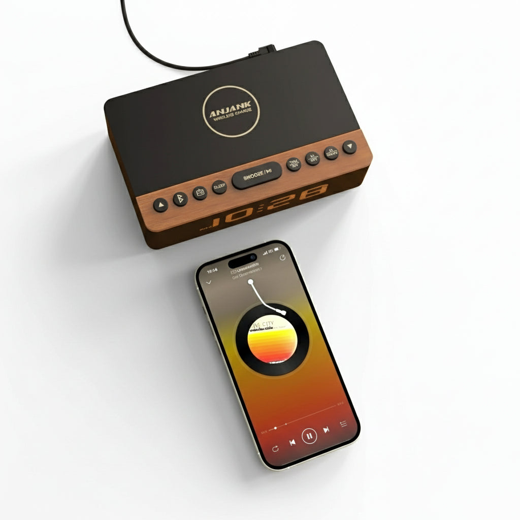 Radio Réveil Bois LED avec Charge Sans Fil et Double Alarme