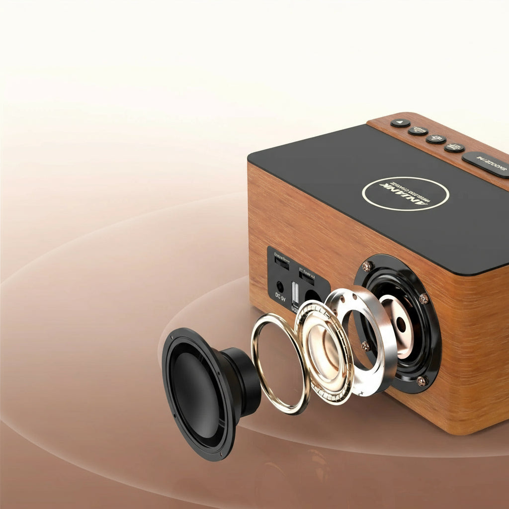 Radio Réveil Bois LED avec Charge Sans Fil et Double Alarme