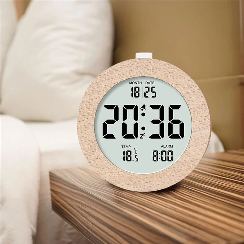 Réveil Bois Digital Rond - Température & Date