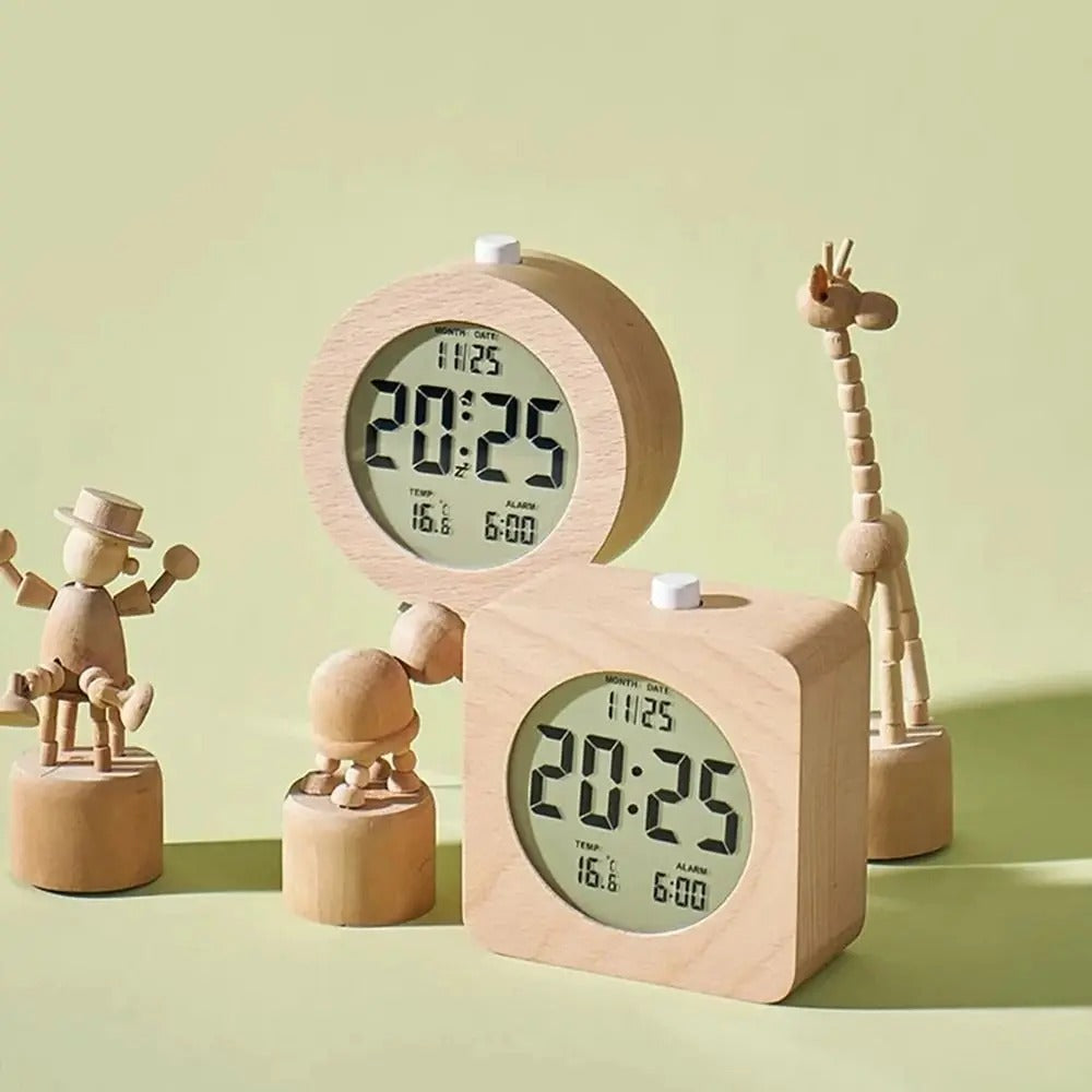 Réveil Bois Digital Rond - Température & Date