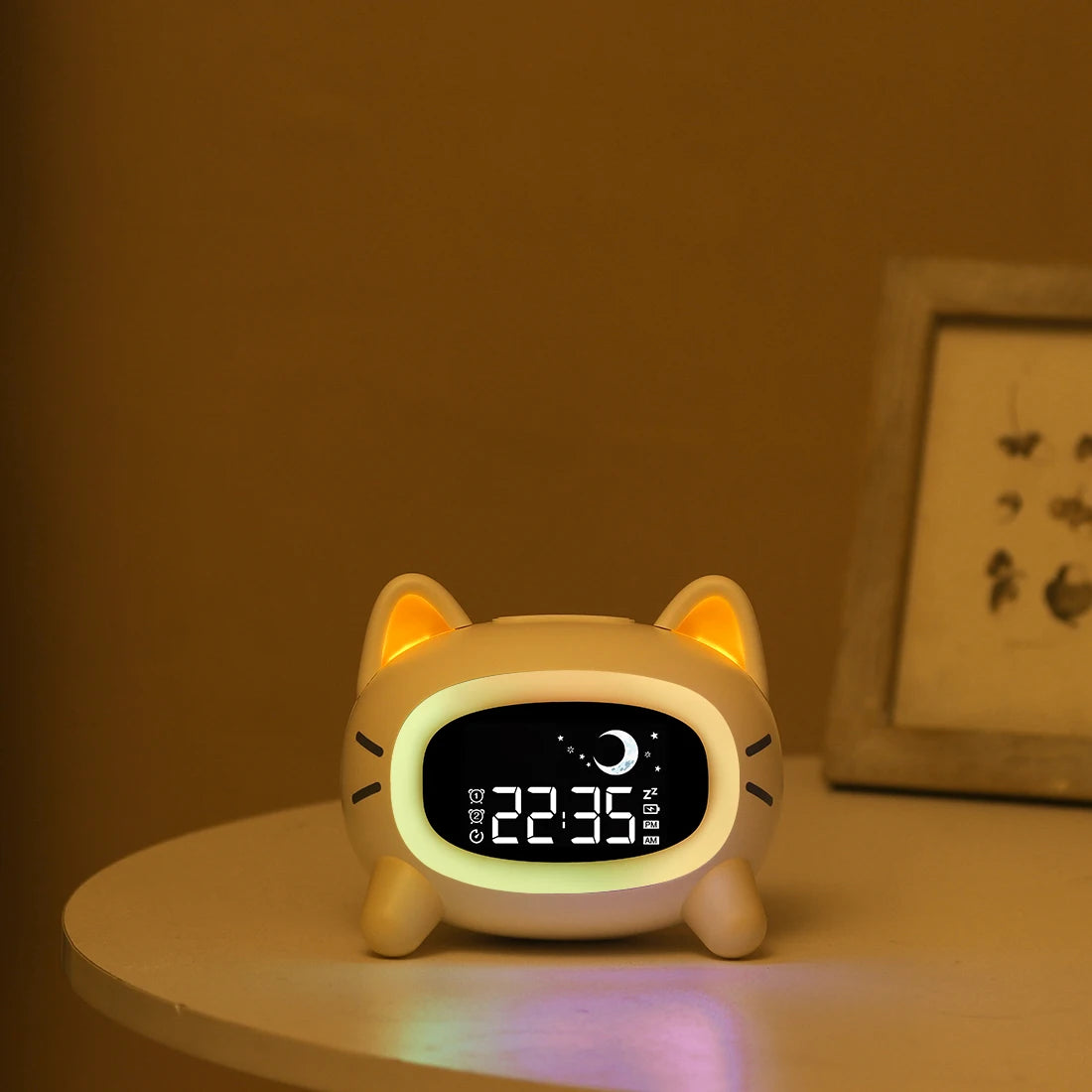 Réveil Éducatif Enfant Chat avec Lumière LED Multicolore et Double Alarme