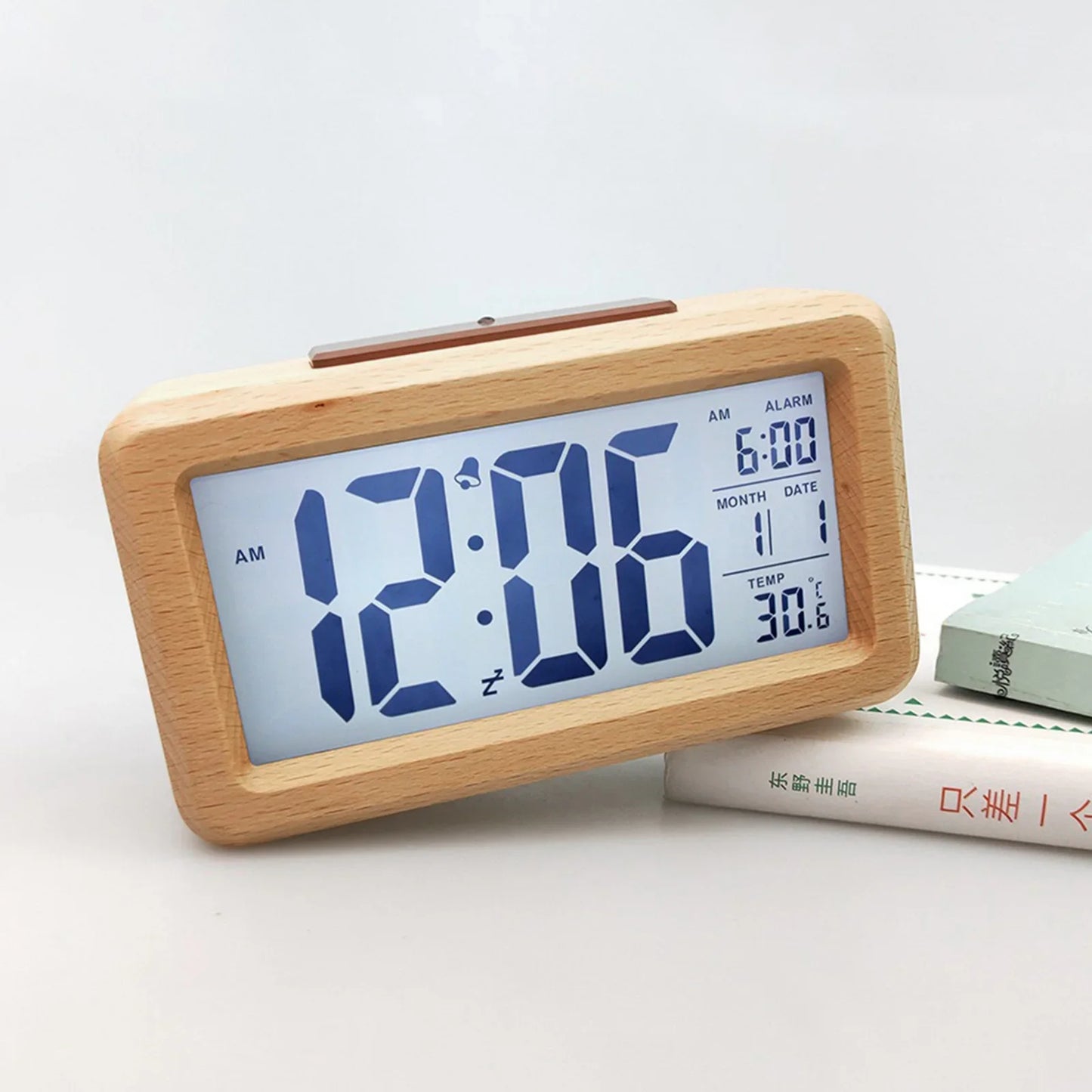 Réveil Bois Digital Naturel – Grand Écran LCD avec Température et Date