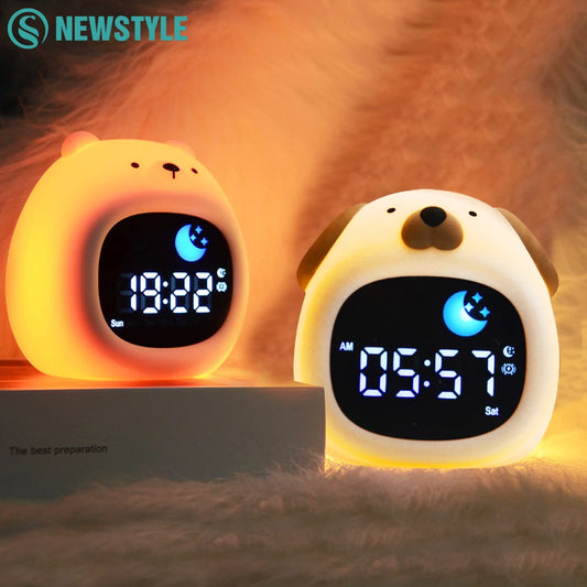 Réveil Éducatif Enfant LED Ours et Chien avec Veilleuse et Affichage Digital