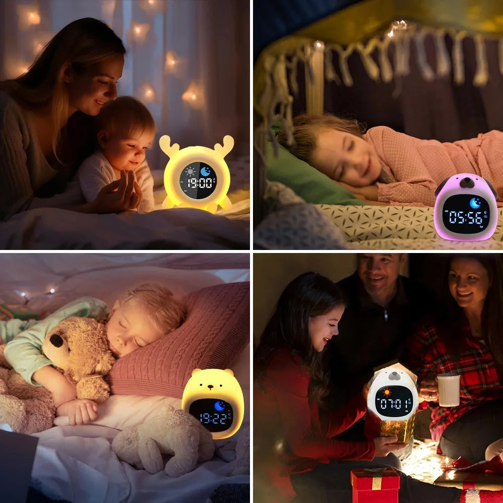 Réveil Éducatif Enfant LED Ours et Chien avec Veilleuse et Affichage Digital