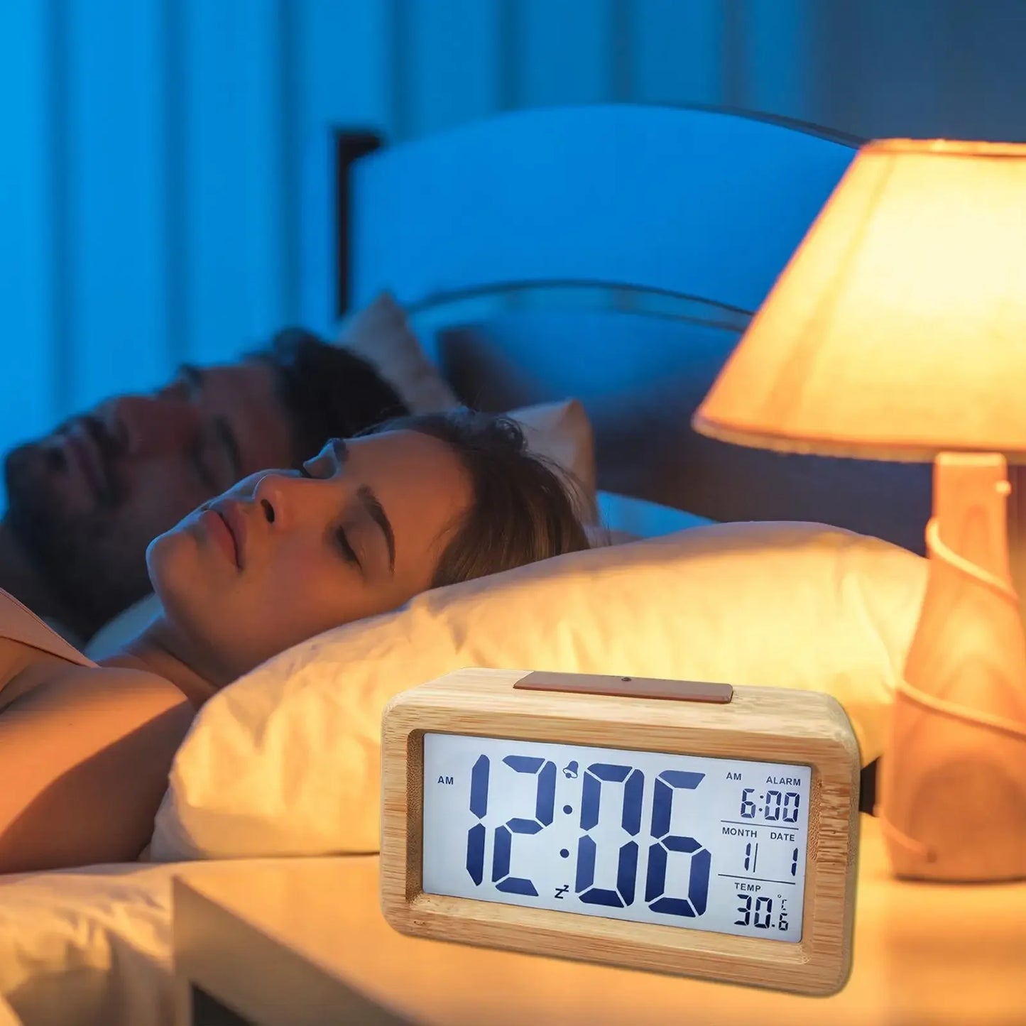 Réveil Bois Digital Naturel – Grand Écran LCD avec Température et Date