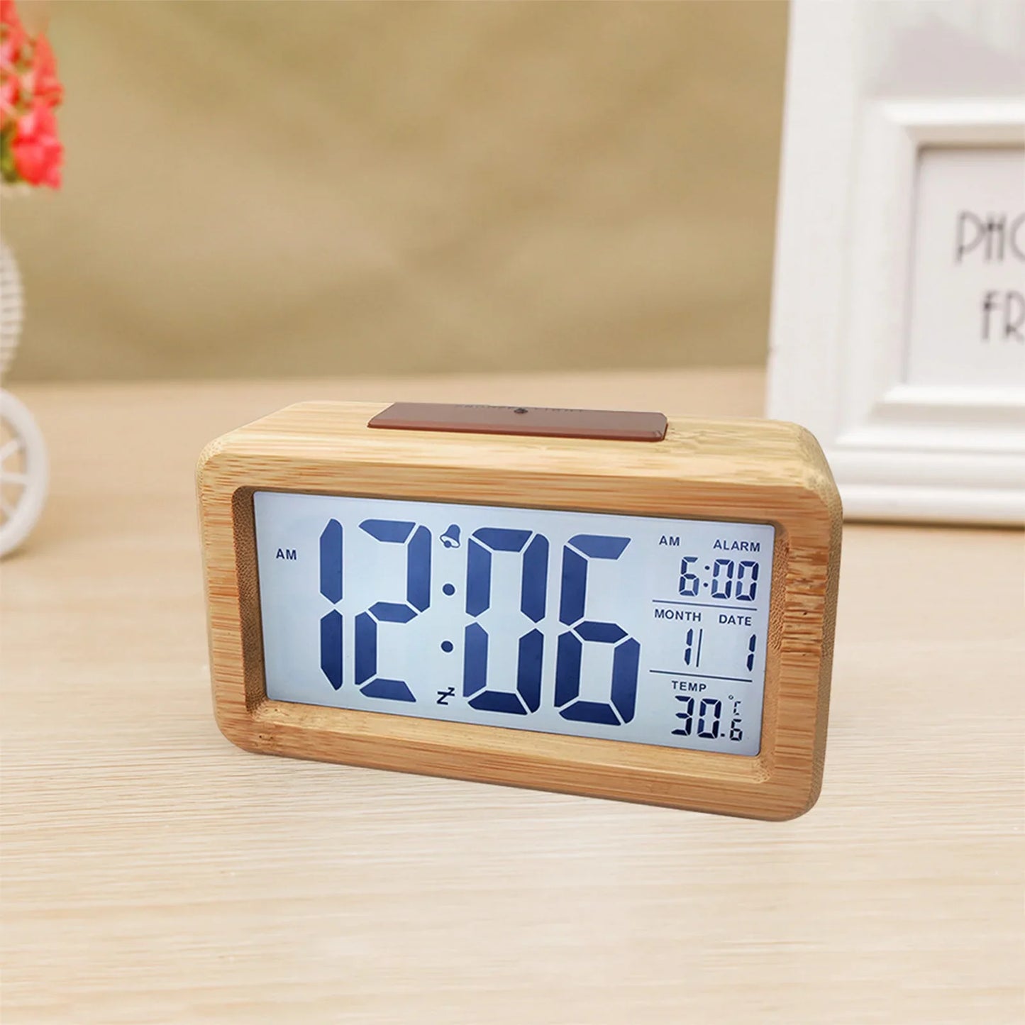 Réveil Bois Digital Naturel – Grand Écran LCD avec Température et Date