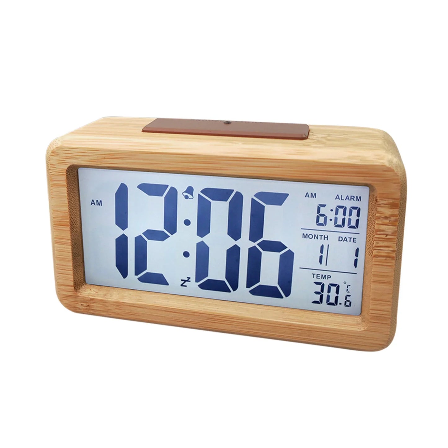 Réveil Bois Digital Naturel – Grand Écran LCD avec Température et Date