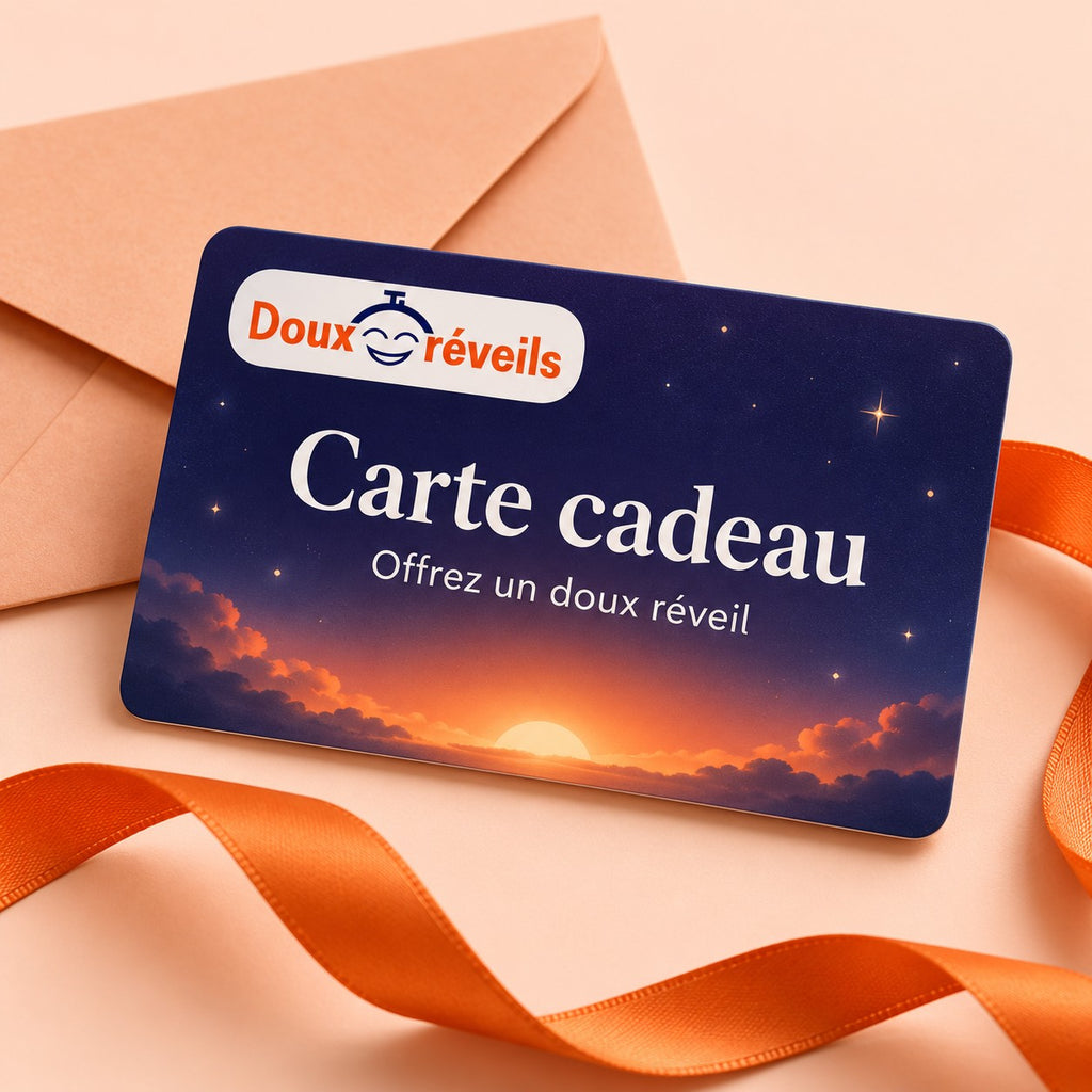 Carte cadeau Doux Réveils – carte bleu nuit et lever de soleil, avec enveloppe