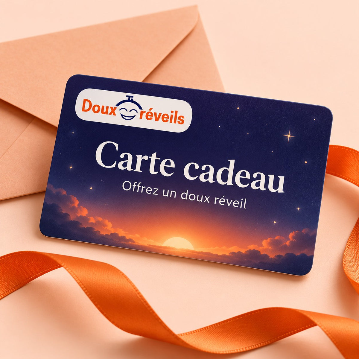 Carte cadeau Doux Réveils – carte bleu nuit et lever de soleil, avec enveloppe