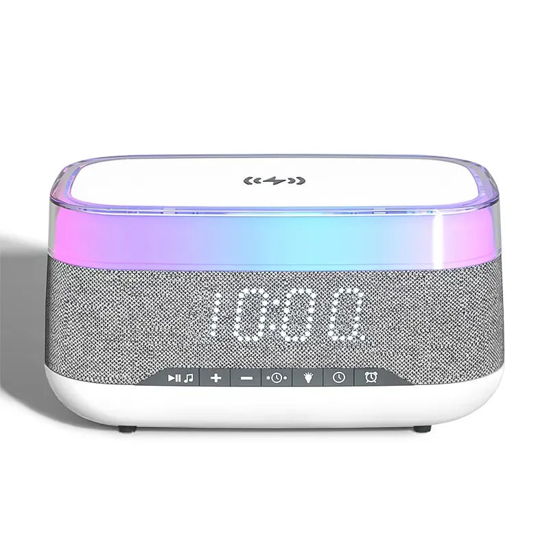 Enceinte Bluetooth avec Réveil LED et Chargeur Sans Fil – Design Élégant et Multicolore