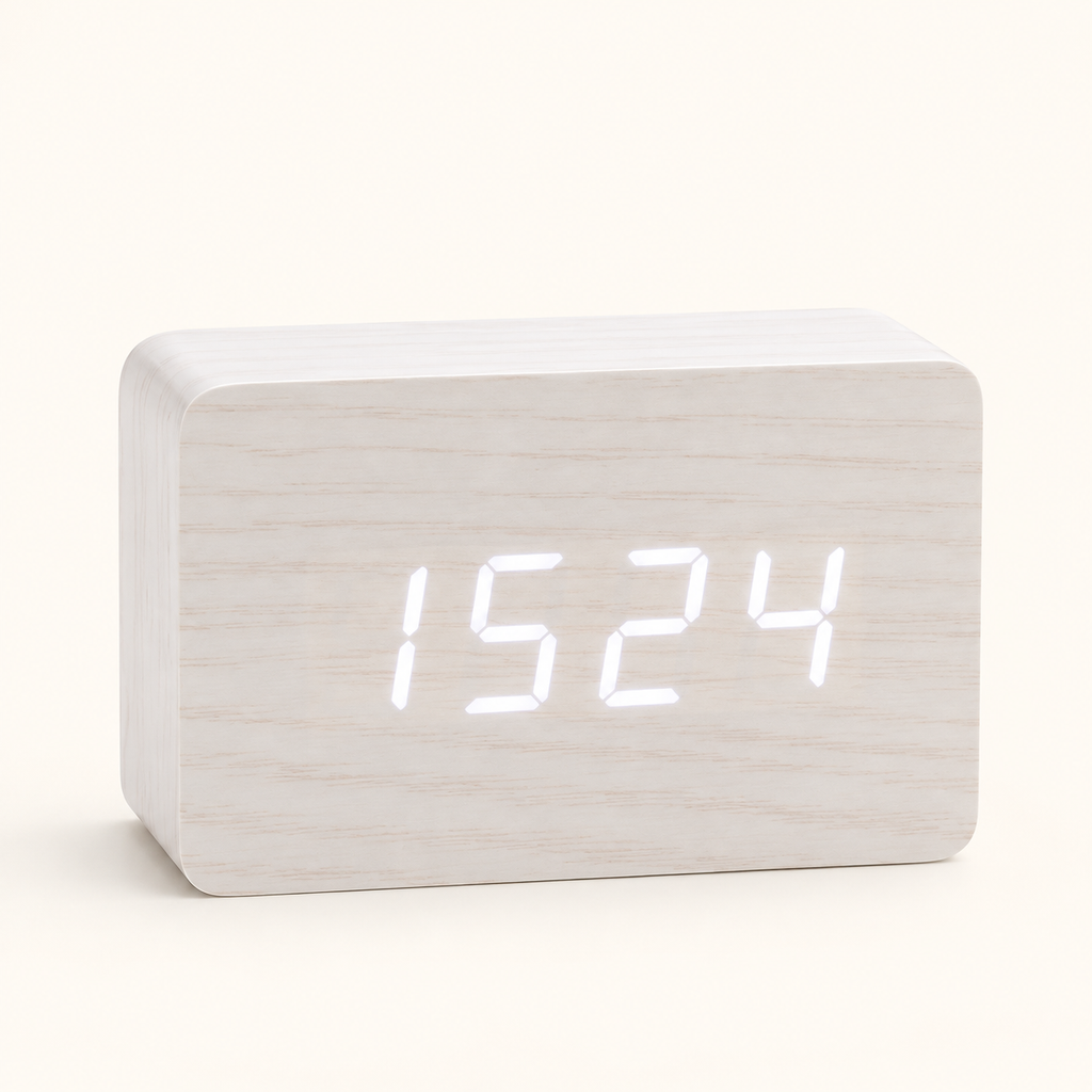 Doux Réveils | Réveil Bois Naturel LED Minimaliste - Affichage Blanc et Design Épuré | nouveau visuel image-09a-blanc