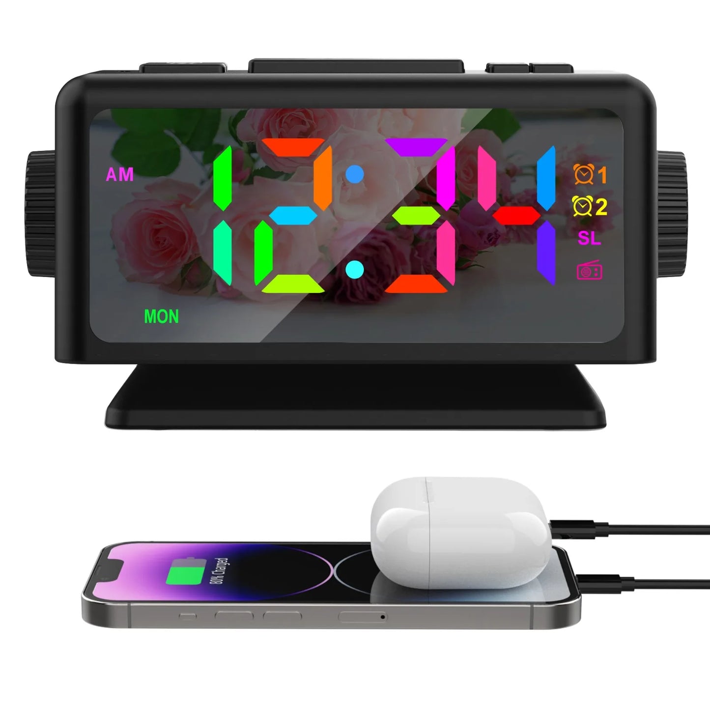 Radio Réveil Ado Écran Large avec Chiffres Colorés et Chargement USB