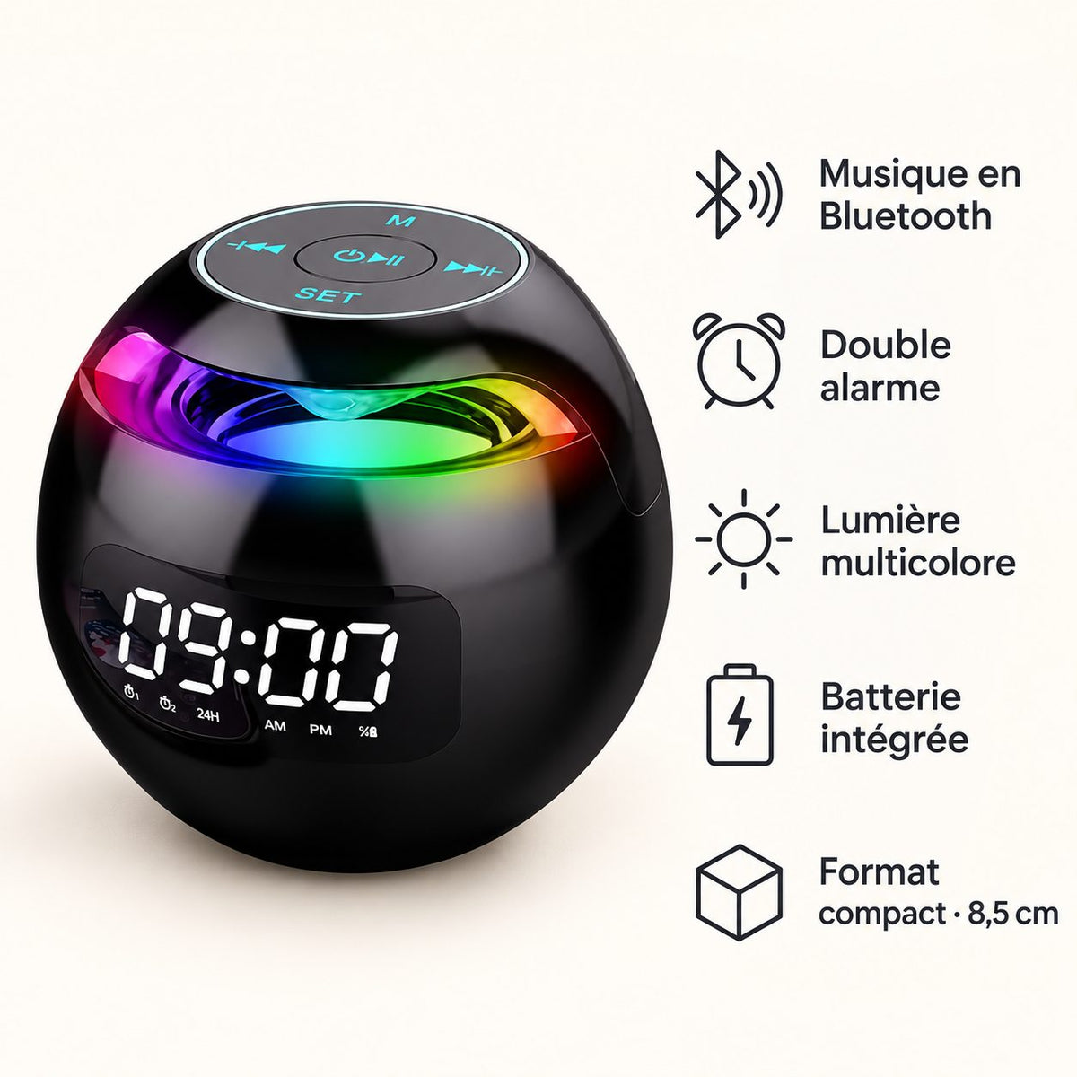 Radio Réveil Ado Bluetooth – Sphère LED Multicolore