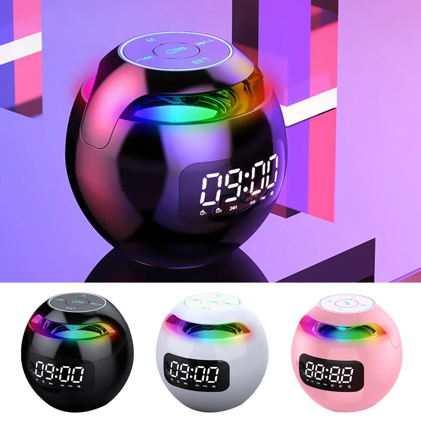 Radio Réveil Ado Sphère LED Bluetooth – Double Alarme & Lumière Multicolore