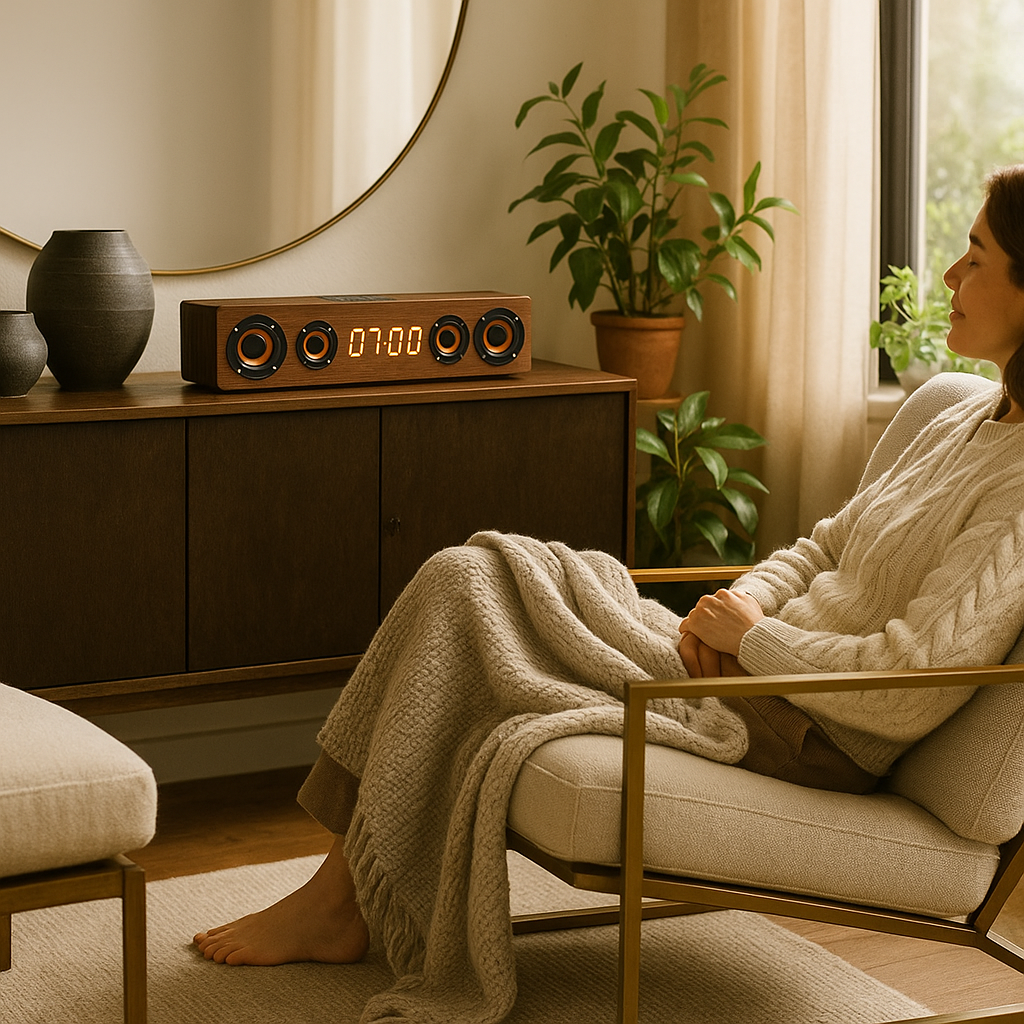 Radio-Réveil en Bois Bluetooth – Design Vintage avec Affichage LED et Haut-Parleurs Intégrés