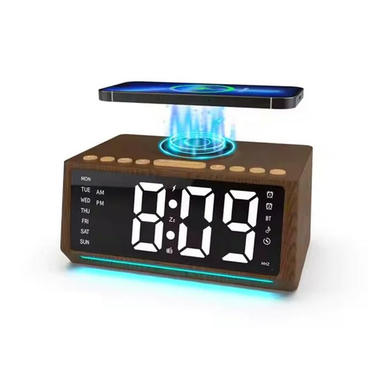 Radio Réveil Bois avec Chargeur à Induction, Bluetooth et Écran LED XXL
