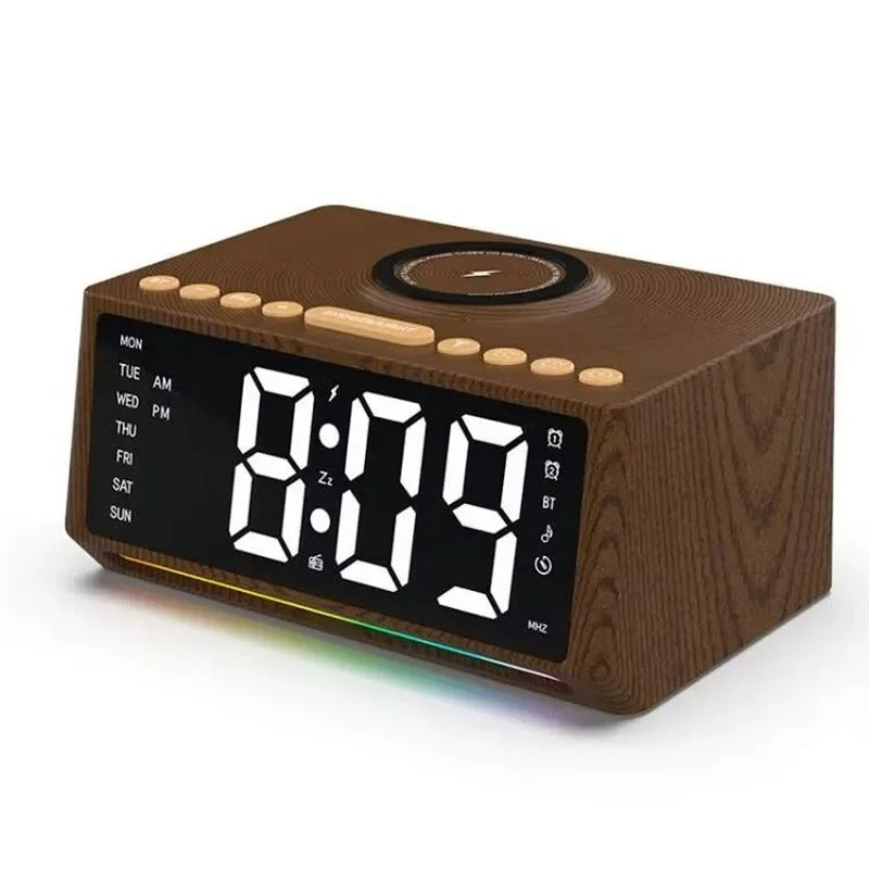 Radio Réveil Bois avec Chargeur à Induction, Bluetooth et Écran LED XXL