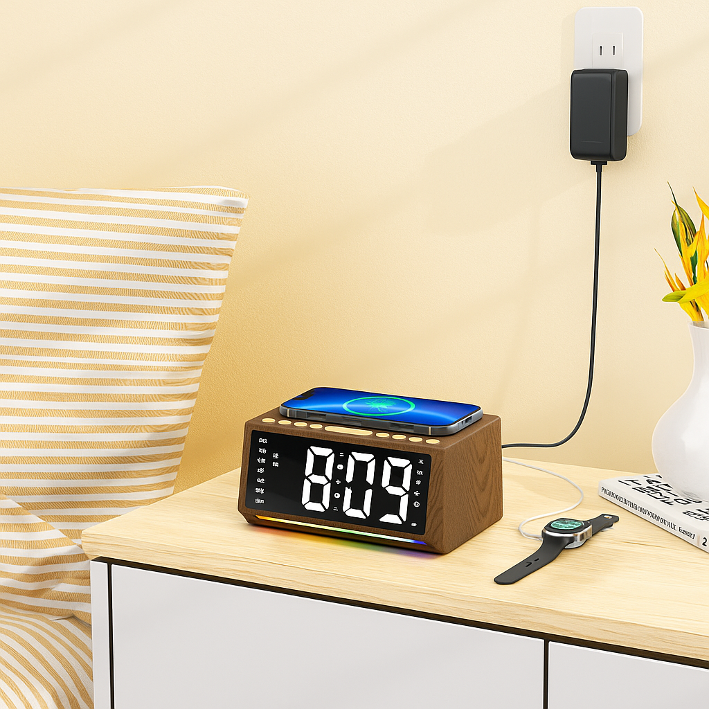 Radio Réveil Bois avec Chargeur à Induction, Bluetooth et Écran LED XXL