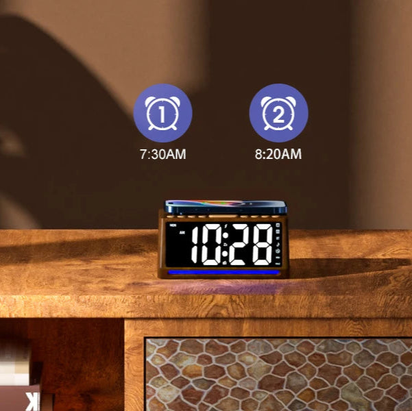 Radio Réveil Bois avec Chargeur à Induction, Bluetooth et Écran LED XXL