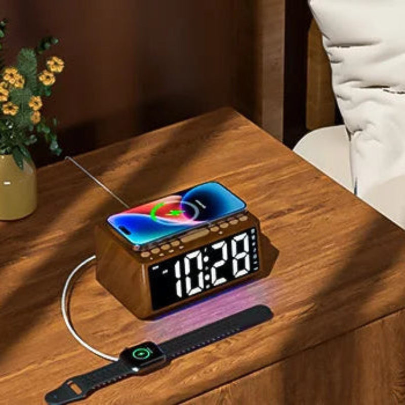 Radio Réveil Bois avec Chargeur à Induction, Bluetooth et Écran LED XXL