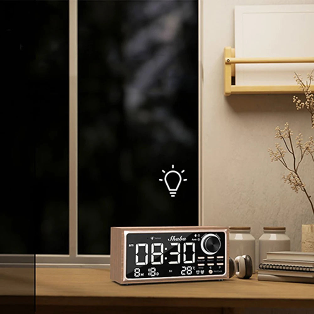 Radio Réveil Bois avec Double Alarme, Thermomètre et Variateur LED