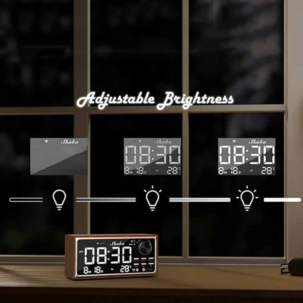 Radio Réveil Bois avec Double Alarme, Thermomètre et Variateur LED