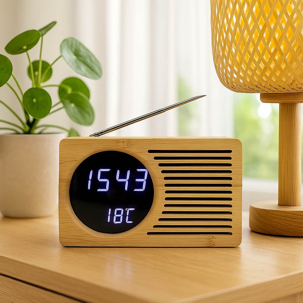 Radio Réveil Bois avec Affichage LED et Température – Design Naturel