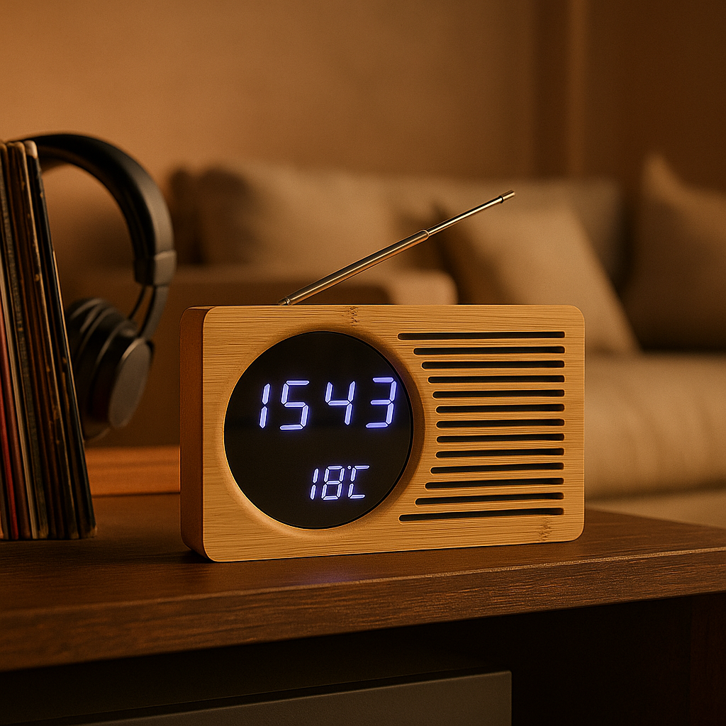 Radio Réveil Bois avec Affichage LED et Température – Design Naturel