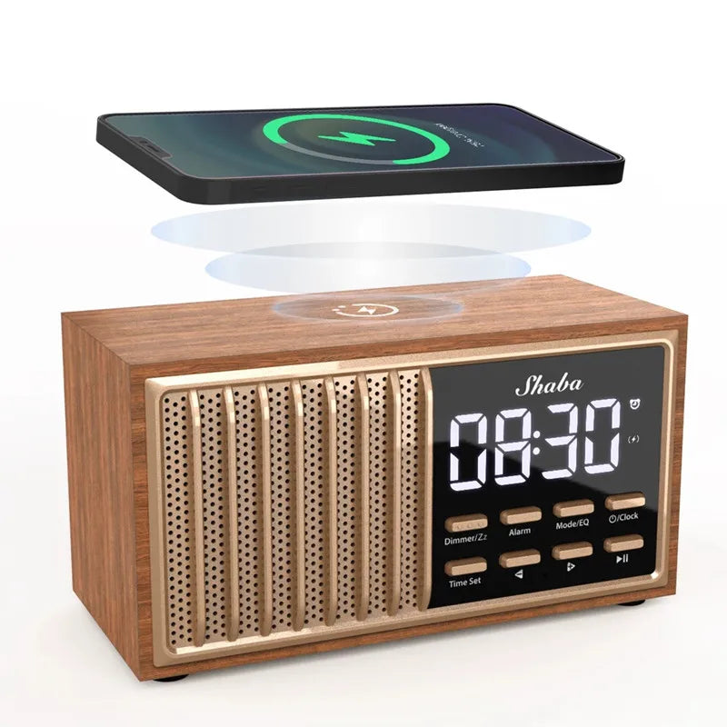 Radio Réveil Bois Rétro avec Haut-Parleur Bluetooth et FM