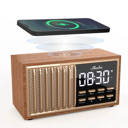 Radio Réveil Bois Rétro avec Haut-Parleur Bluetooth et FM