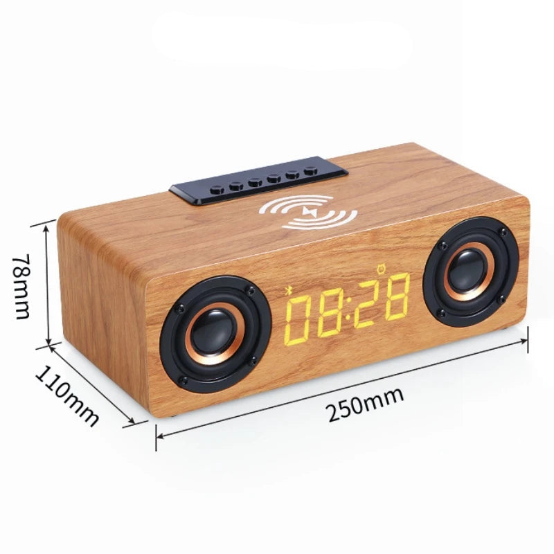 Radio Réveil Bois Stéréo avec Haut-Parleurs Puissants et Charge Sans Fil