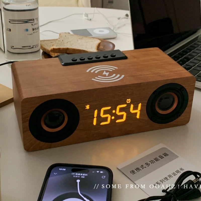 Radio Réveil Bois Stéréo avec Haut-Parleurs Puissants et Charge Sans Fil