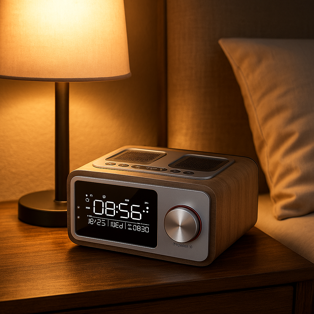 Radio Réveil Bois avec Télécommande, FM et Grand Écran LED Multifonction