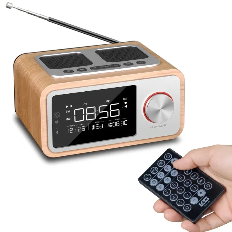 Radio Réveil Bois avec Télécommande, FM et Grand Écran LED Multifonction