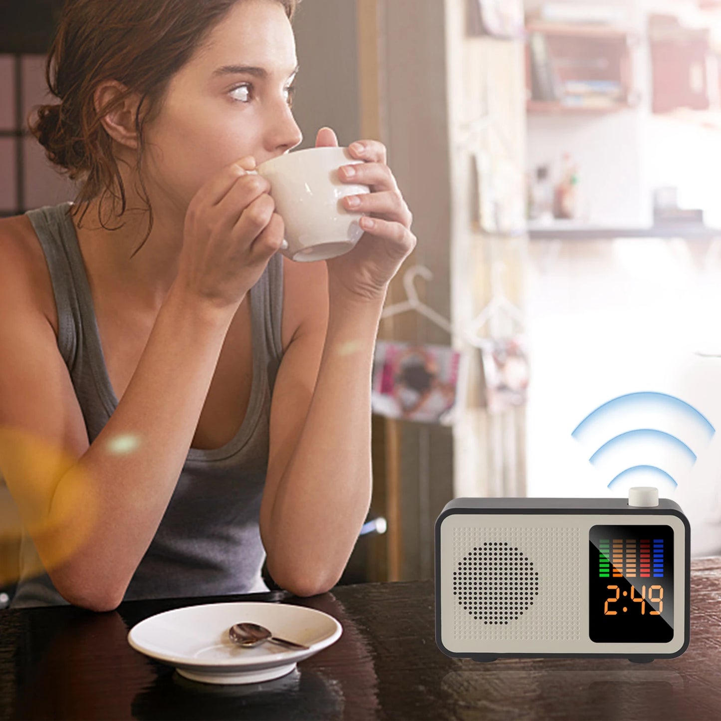 Radio Réveil Bois Vintage avec Affichage LED et Haut-Parleur