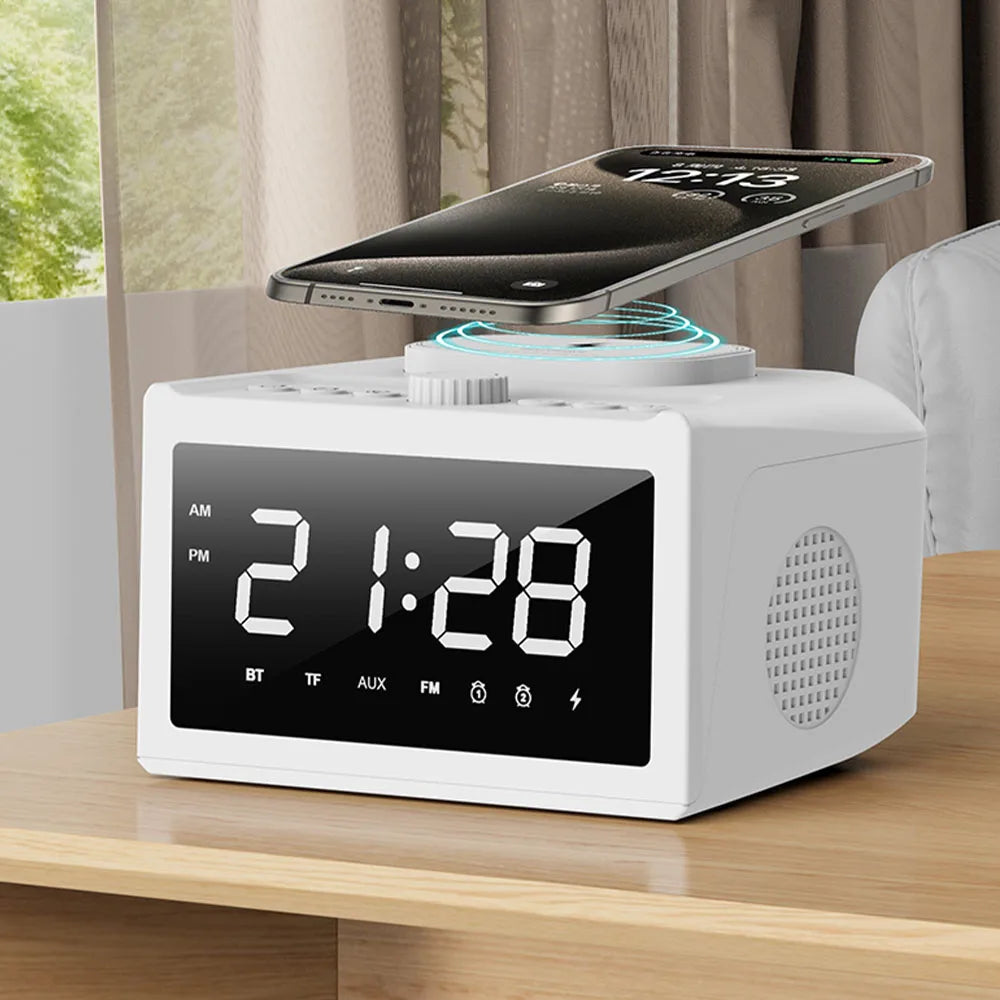 Radio Réveil Connecté Bluetooth, FM, AUX, Carte TF, Charge Sans Fil