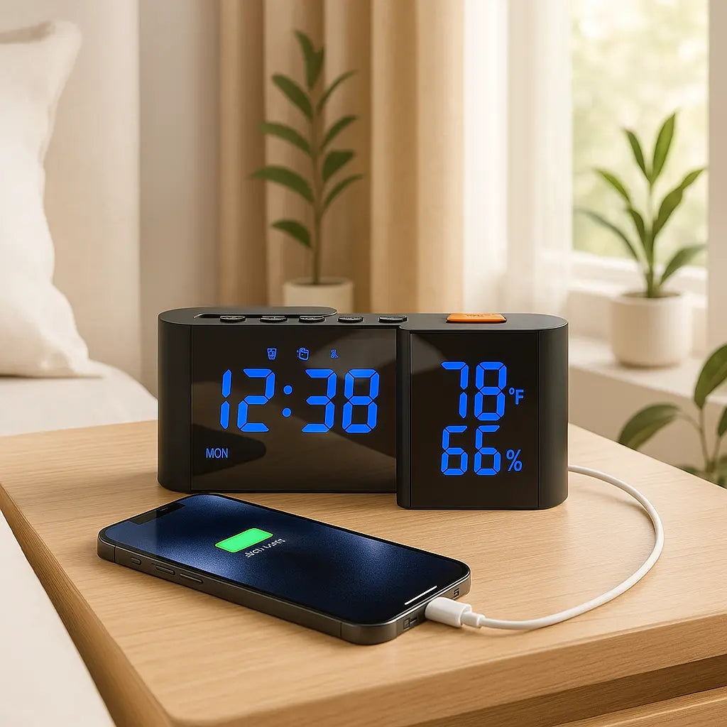 Radio Réveil Design Double Écran avec Température, Hygromètre