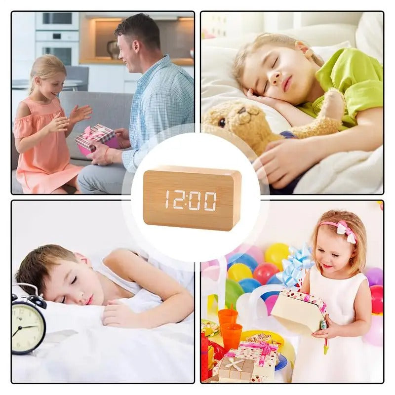 Réveil Bois Naturel LED Minimaliste - Affichage Blanc et Design Épuré