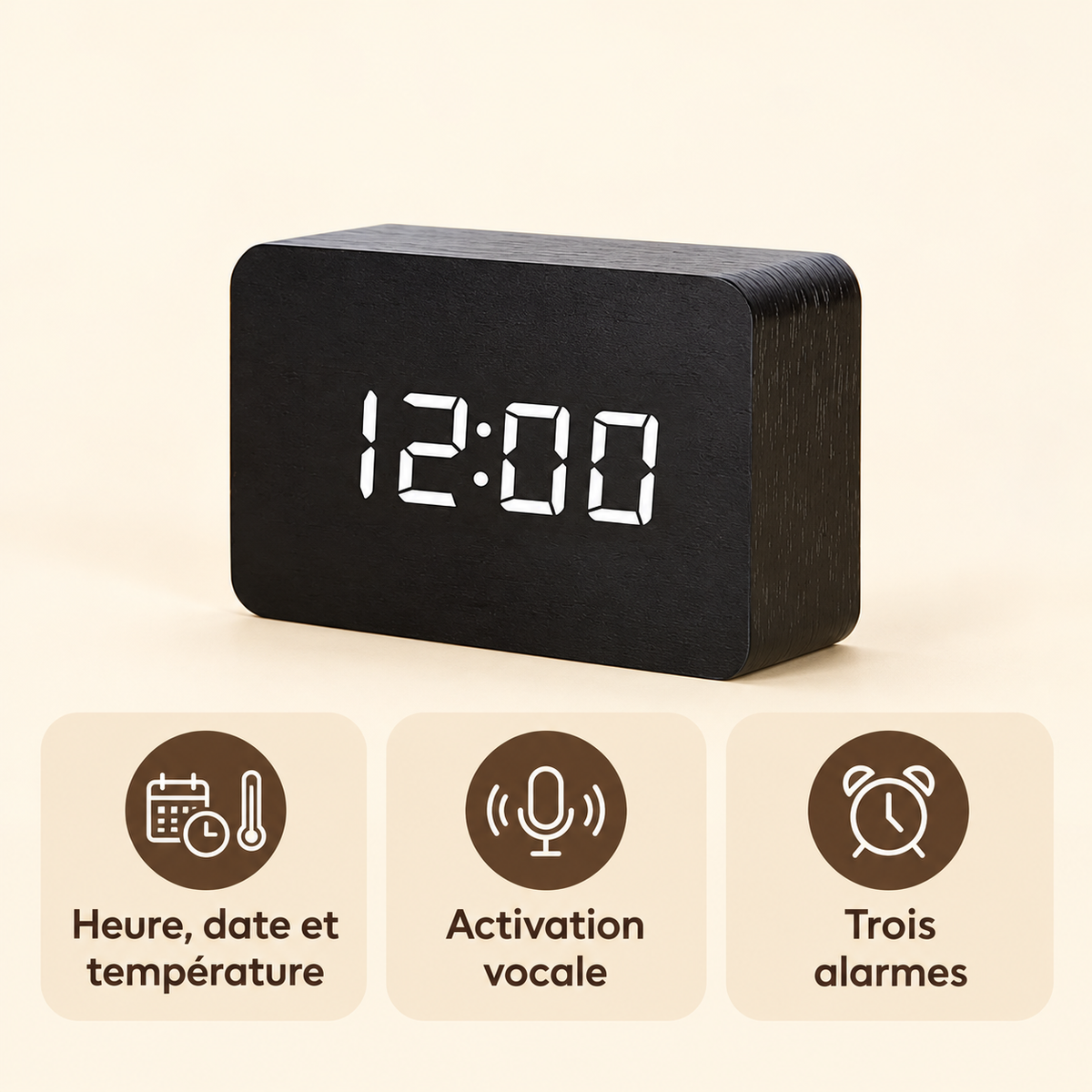 Infographie du réveil cube bois : heure, date et température, activation vocale, trois alarmes