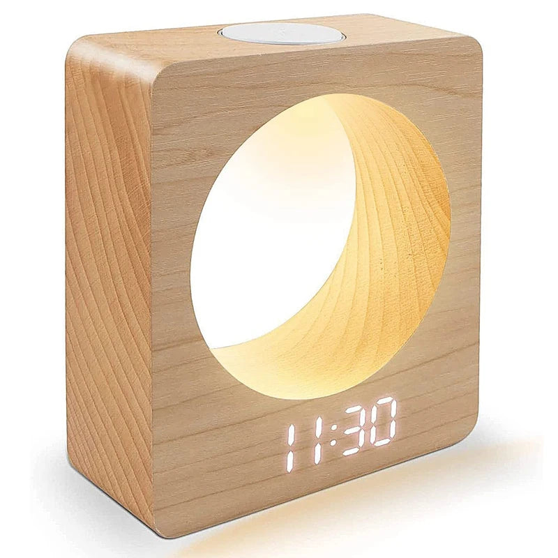 Réveil Bois LED Design Minimaliste – Lumière Douce Intégrée & Affichage Digital