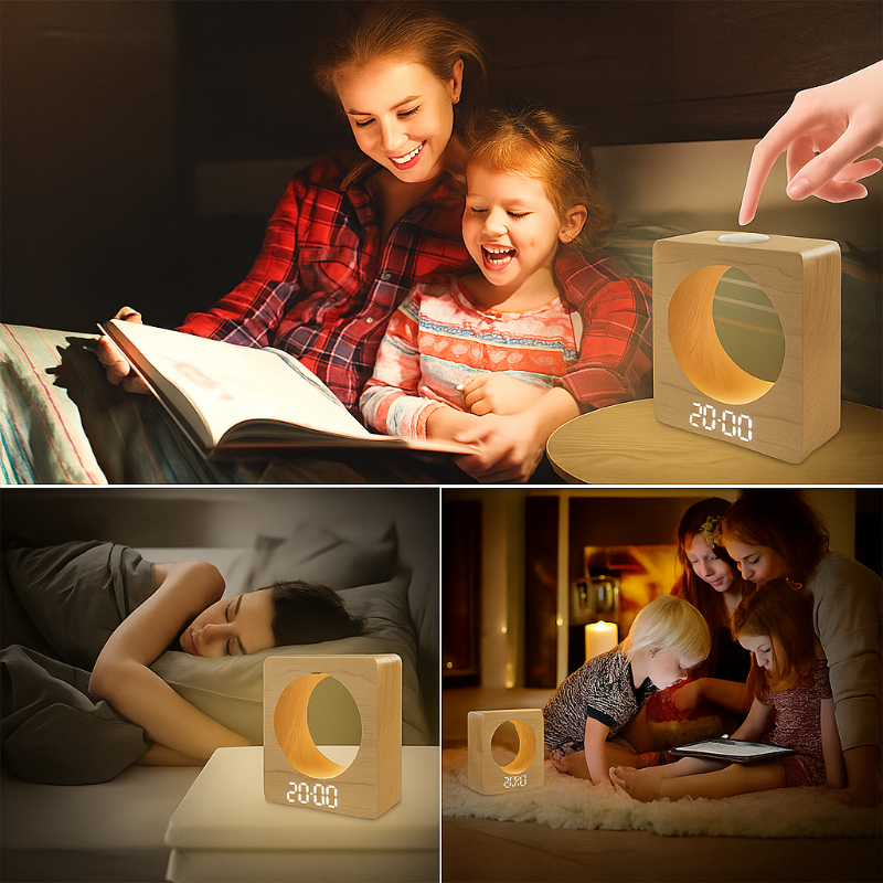 Réveil Bois LED Design Minimaliste – Lumière Douce Intégrée & Affichage Digital